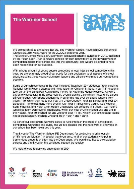 We have won a national award🥈🎉

We are delighted to announce that we have achieved the School Games SILVER Mark Award for 2022/2023 academic year. 

The School Games Mark is a Government-led award scheme launched in 2012, facilitated by the Youth Sport Trust.