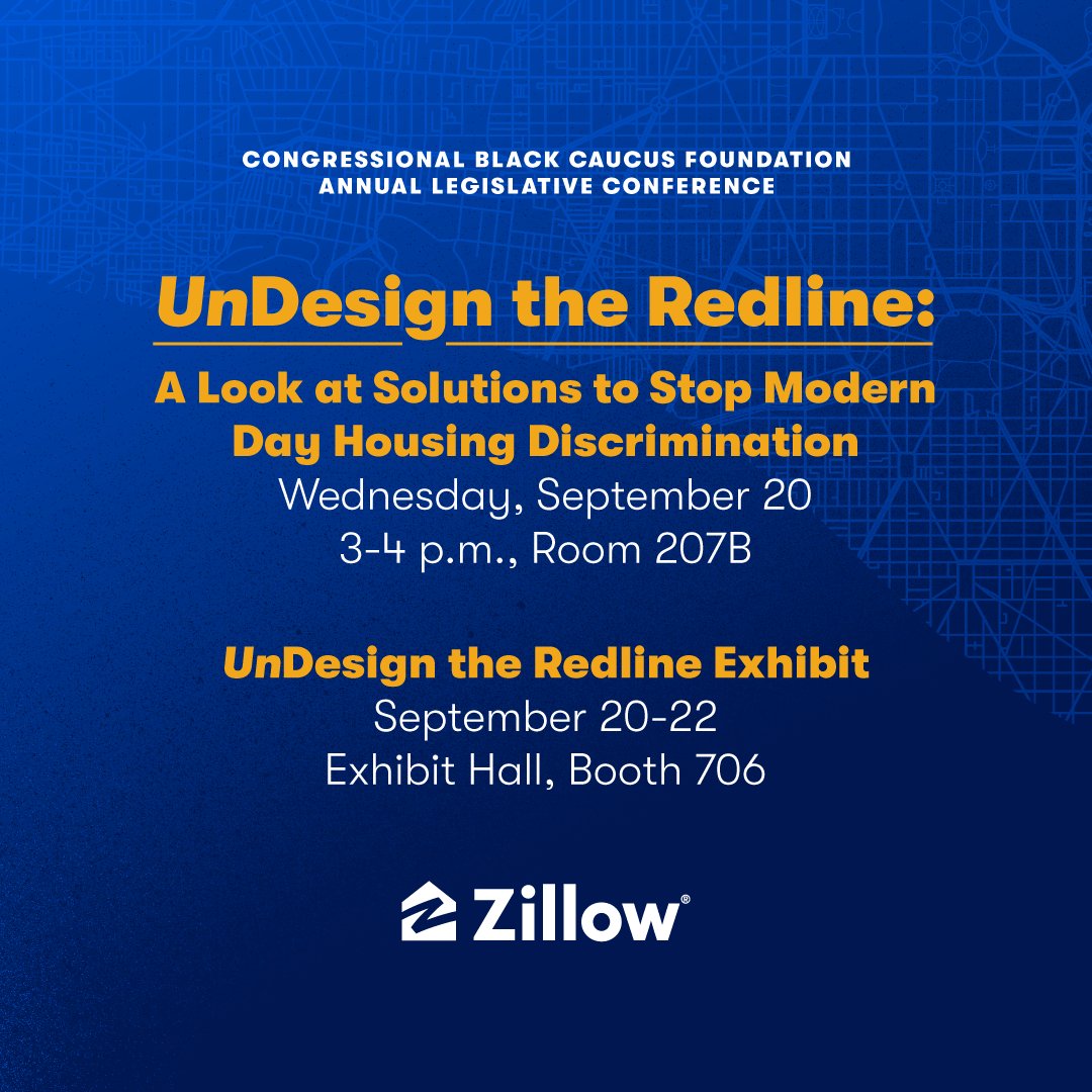 ZillowGroup's tweet photo. 📣Join Zillow at @CBCFInc’s #ALC52

We are hosting a panel discussion on modern-day redlining and the role of technology and public policy to halt discriminatory practices in housing and an immersive exhibit about redlining's history and impact on people and communities. ⬇ https://t.co/o6OPda3yd5