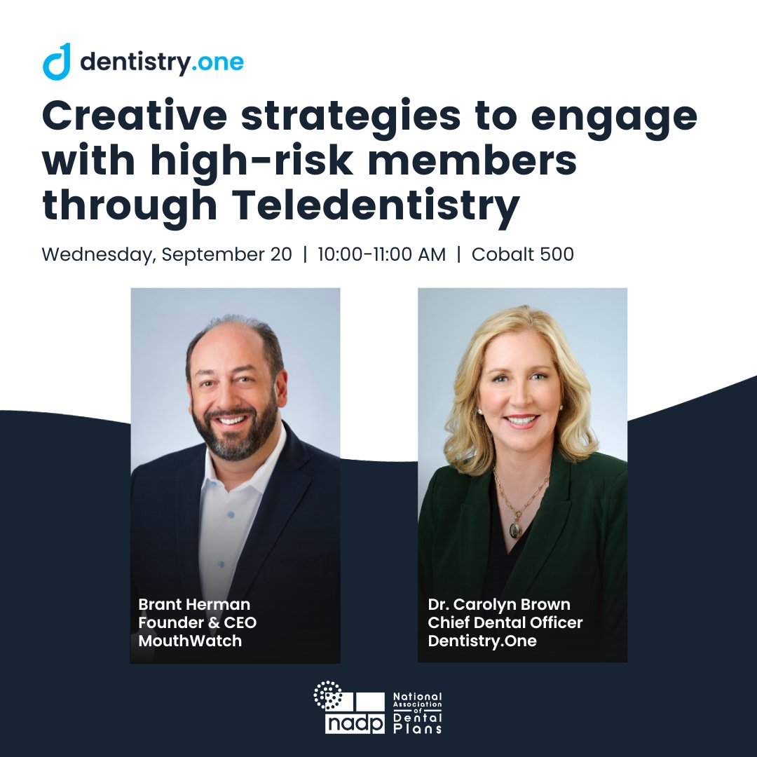dentistry_one's tweet photo. Join Brant Herman, Founder and Chief Executive Officer of MouthWatch and Dentistry One, and Dr. Carolyn Brown, Chief Dental Officer of Dentistry One, for a discussion on “Creative strategies to engage with high-risk members through Teledentistry”.

#NADP2023 #teledentistry https://t.co/DjEebPxLp9