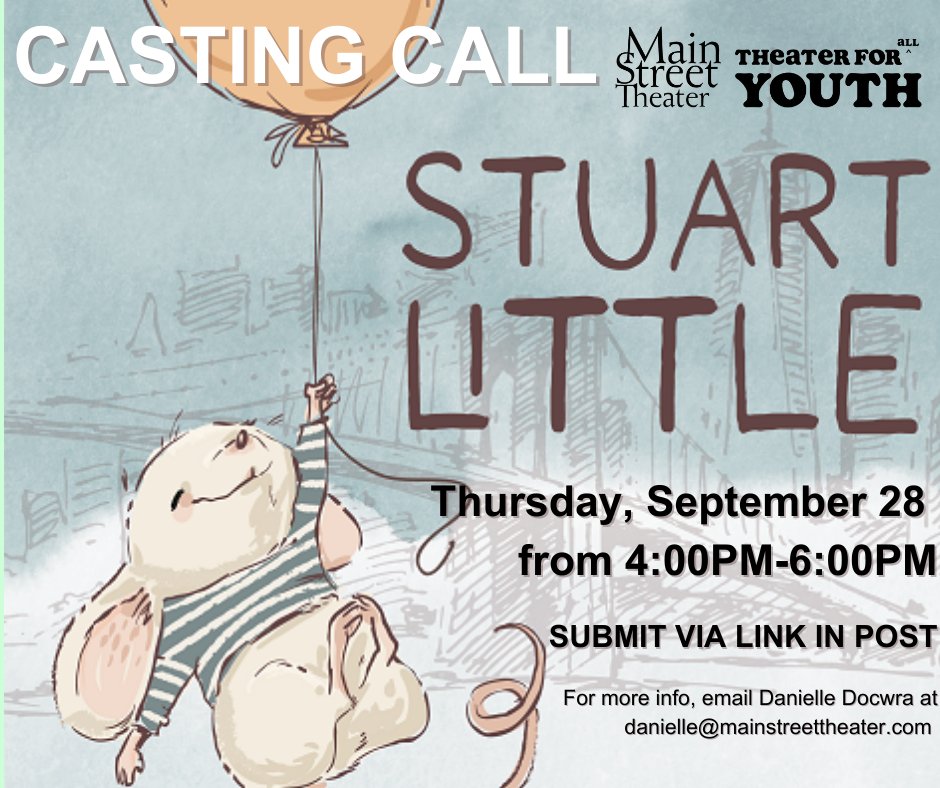 We are holding auditions for diverse, non-Equity actors for our production of STUART LITTLE on 9/28 from 4-6pm at @MATCHouston 3400 Main St, 77002, in the rehearsal room. The audition will be cold readings. Submit your headshot & resume here: forms.gle/Jnu8D9CEAGvEMJ…