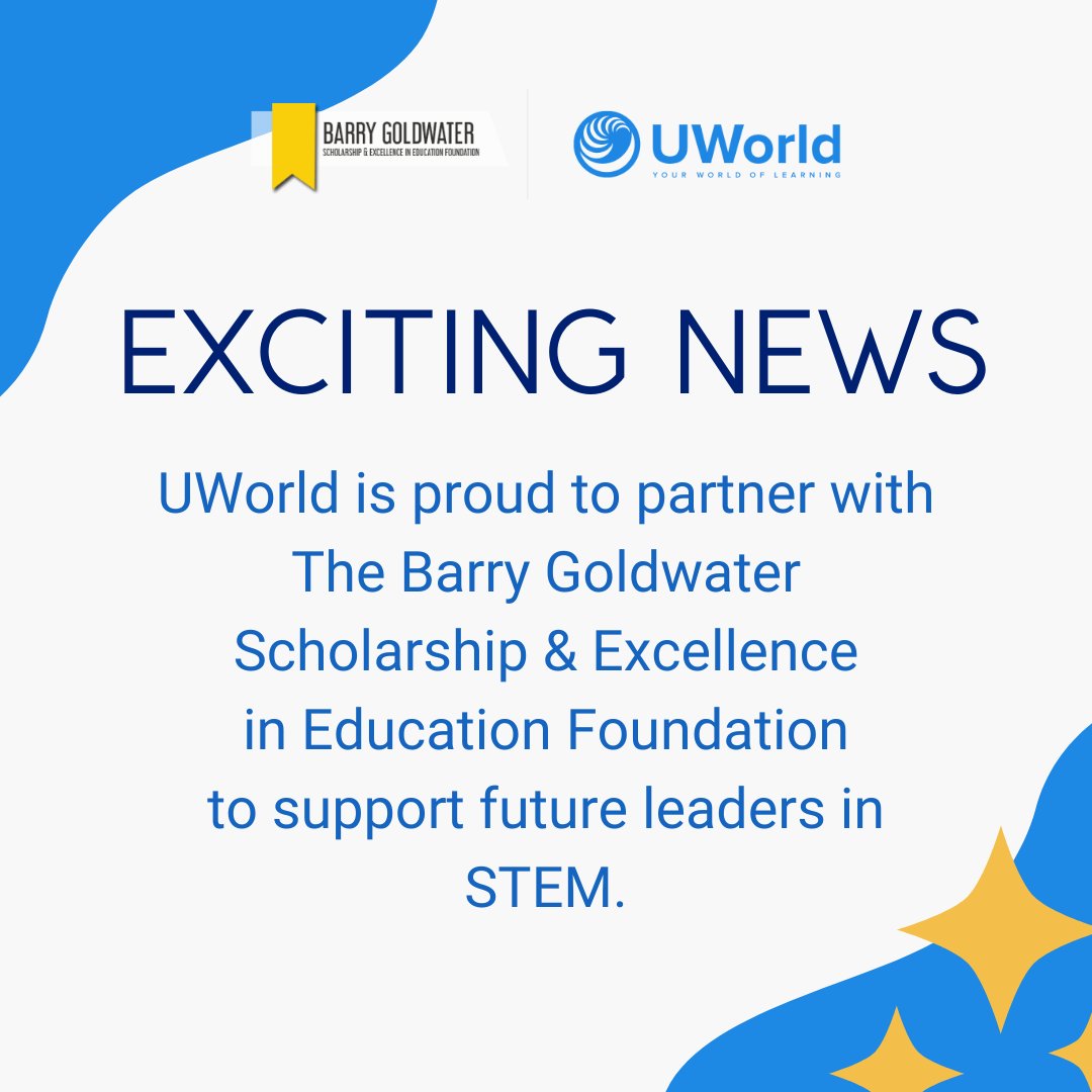 UWorld's tweet photo. ✨We are proud to announce that we are partnering with The Barry Goldwater Scholarship &amp; Excellence in Education Foundation to expand the number of scholarships for the 2024 cohort of Goldwater Scholars. 

To learn more visit: https://t.co/RyAw0r55LS.

#uworld #uworldcares https://t.co/5O3E53FANQ