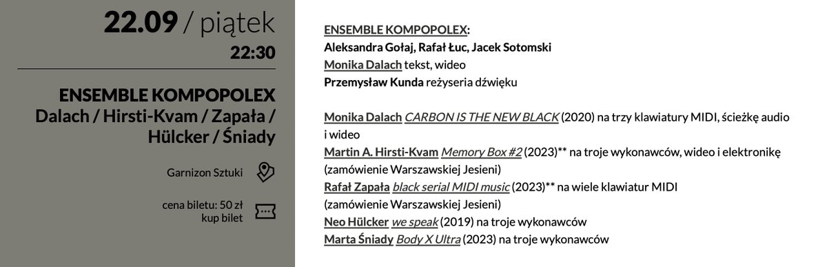 Rafał Łuc (@rafalluc) on Twitter photo It looks like a very busy and exciting weekend! This Friday I will be playing for the 7th time at <a href="/warsawautumn/">Warszawska Jesień</a> and the 2nd time with Ensemble Kompopolex. World premieres by amazing piece by Martin A. Hirsti-Kvam and Rafał Zapała + Monika Dalach, Marta Śniady and Neo Huelcker. It looks like a very busy and exciting weekend! This Friday I will be playing for the 7th time at <a href="/warsawautumn/">Warszawska Jesień</a> and the 2nd time with Ensemble Kompopolex. World premieres by amazing piece by Martin A. Hirsti-Kvam and Rafał Zapała + Monika Dalach, Marta Śniady and Neo Huelcker.