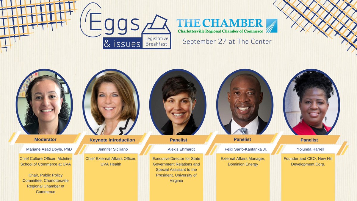 CvilleVAChamber's tweet image. Join us to hear from these expert panelists at Eggs &amp;amp; Issues Legislative Breakfast on Sept 27! bit.ly/eggs23cville

#publicpolicy #virginiaelections #legislativebreakfast #networking #charlottesville #cville #albemarlecountyva