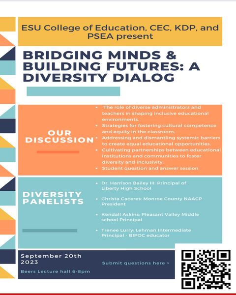 ESUCollegeofEd's tweet image. Don't  miss Wednesday night's kickoff speaker panel on Diversity in the Field  of Education hosted by Kappa Delta Pi, CEC, and Student PSEA. Practicing  educators are welcome and will receive Act 48 hours for attending. #educatorprep #blackteachersmatter #centerblacked