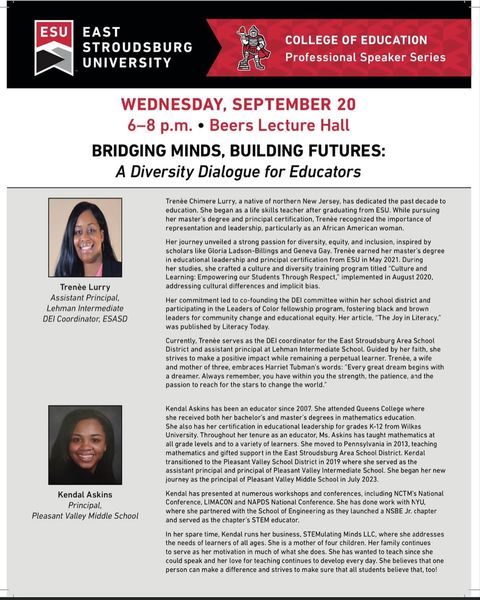 ESUCollegeofEd's tweet image. Don't  miss Wednesday night's kickoff speaker panel on Diversity in the Field  of Education hosted by Kappa Delta Pi, CEC, and Student PSEA. Practicing  educators are welcome and will receive Act 48 hours for attending. #educatorprep #blackteachersmatter #centerblacked