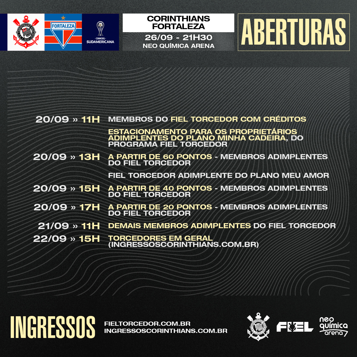 Ingressos: Corinthians x Fortaleza (26/9) – CONMEBOL Sudamericana 2023