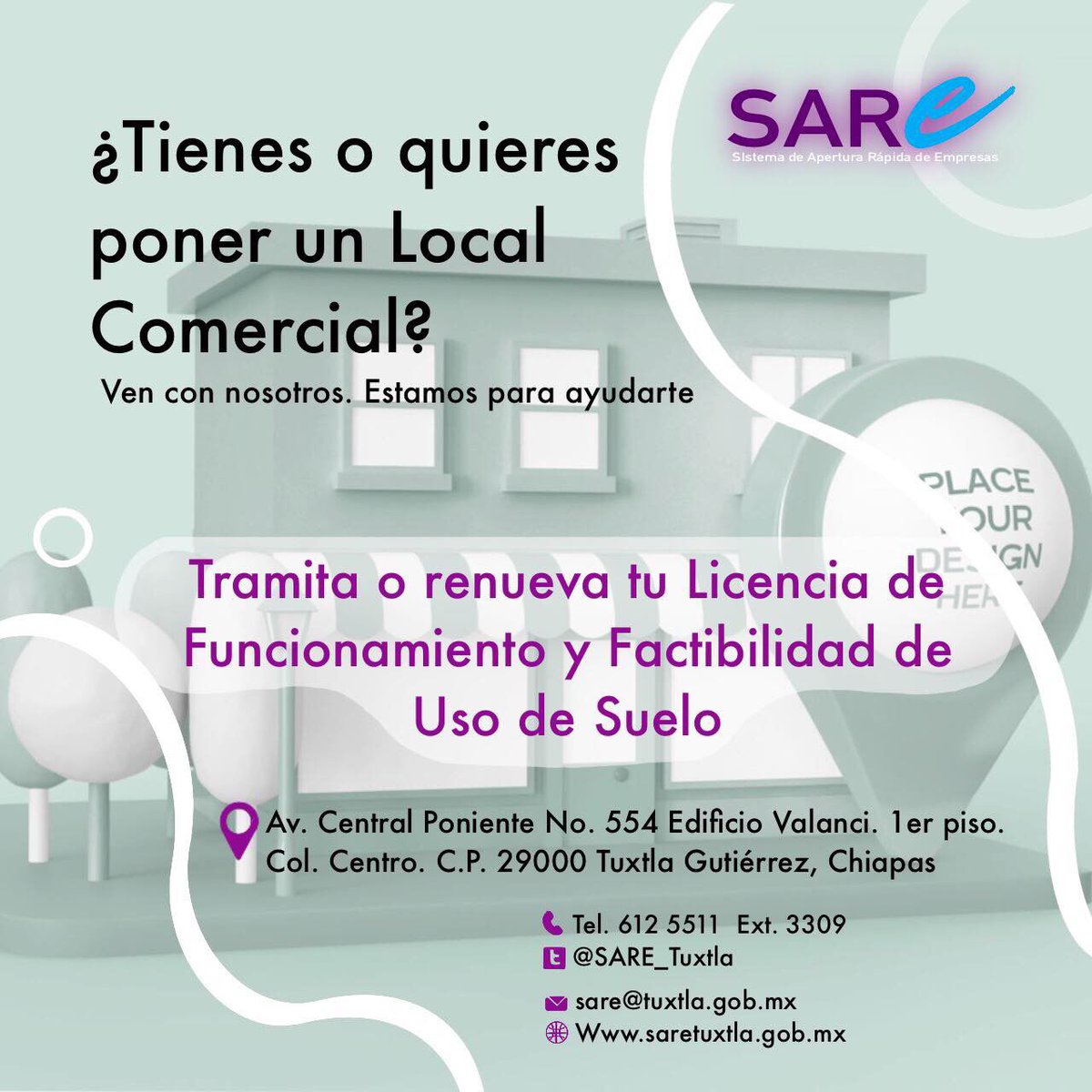 SARE_Tuxtla's tweet photo. Tramita en 3 dias tu Factibilidad y Licencia de Funcionamiento, ven nosotros te ayudamos!! @gcaceres28 @TuxtlaCapital https://t.co/rxP6qW53jH