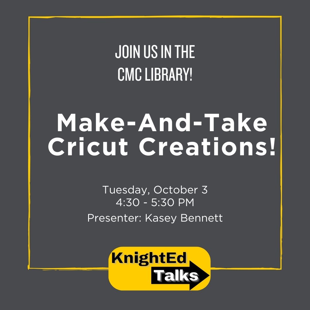 Our next #KnightEd talk is in the CMC Library! 📚 Join us on Tuesday, October 3, at 4:30 PM and learn how to use a Cricut! Participants get to take home the item they make.❗️Event is limited to the first 10 people as space is restricted in the lab. <a href="/UCFCCIE/">UCFCCIE</a> <a href="/UCFTeacherEd/">UCF School of Teacher Education</a>