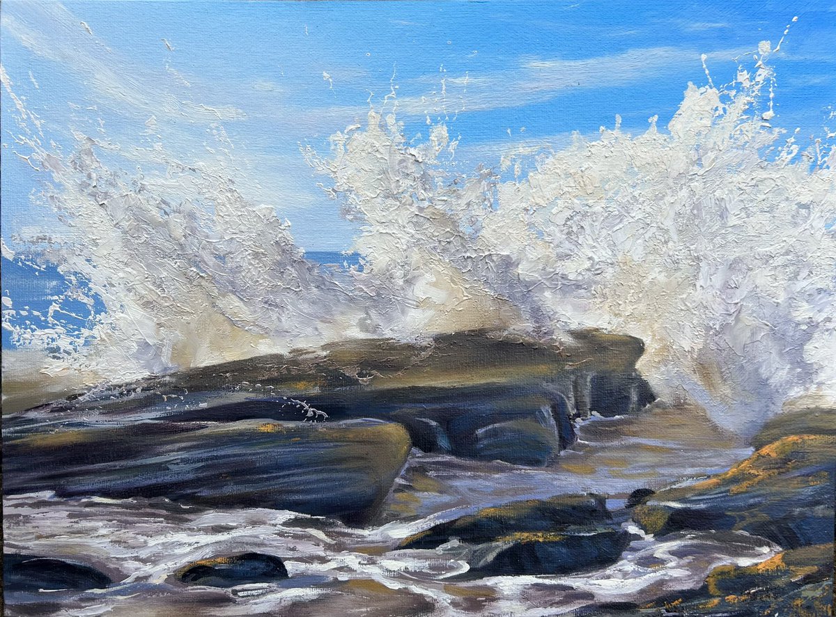 ‘Wave Explosion’ ‘Wave explosion’ Oil on canvas board (12” x 16”) My finished painting from a Seascape workshop with my class In W-ton @artpublishing @AandImagazine @The_SAA @jacksons_art @ParkerHarrisCo #ArtOfTheDay #acrylicpainting #paintingtexture #seascape #oilpainting
