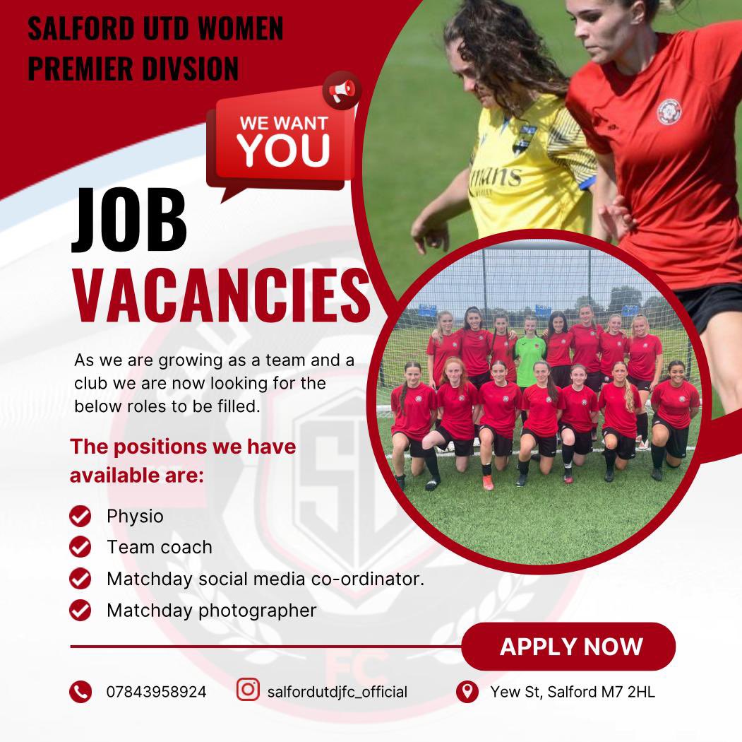 sujfcopenage's tweet photo. We are currently recruiting some staff for our women’s team. Please see Information below if your interested ⚽️❤️
@WomensFootyNet 
@NorthWomens 
@Manchester_FA 
@Teamgrassroots_
@herfootyhub https://t.co/AeBQHhT2fm