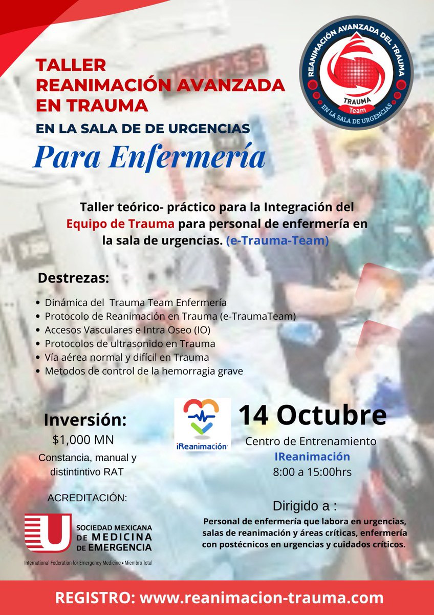 Dansan911's tweet photo. Taller de Reanimación Avanzada del Trauma en la Sala de Urgencias para Enfermería RAT (eTraumaTeam) 
Dirigido a: Personal de enfermería en general y postécnicos.  
Sábado 14 de octubre 2023  8 a 15:00hrs, Centro 
IReanimación @RCPorg 
Registro: https://t.co/OCbGSss24v @SMMEAC https://t.co/jyrNQMzy3z
