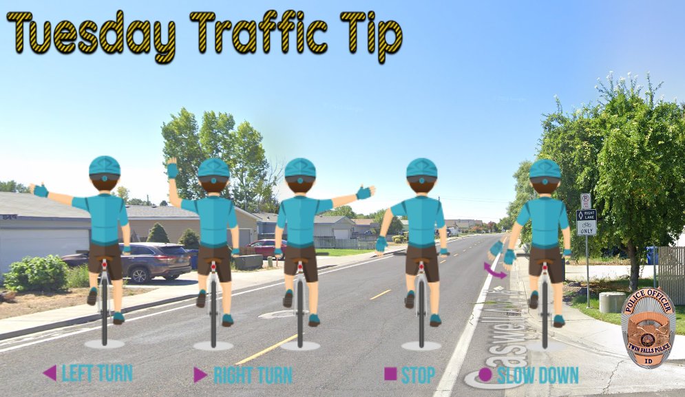 TwinFallsPD's tweet image. Tuesday Traffic Tip - Do you remember hand signaling from when you were younger? You should always let others know when you are turning, changing lanes, or stopping. #tuesdaytraffictip #bicyclesafety #HandSignals #sharetheroad #Scanning #bicycle #roadbike #cyclinglife #TFPD