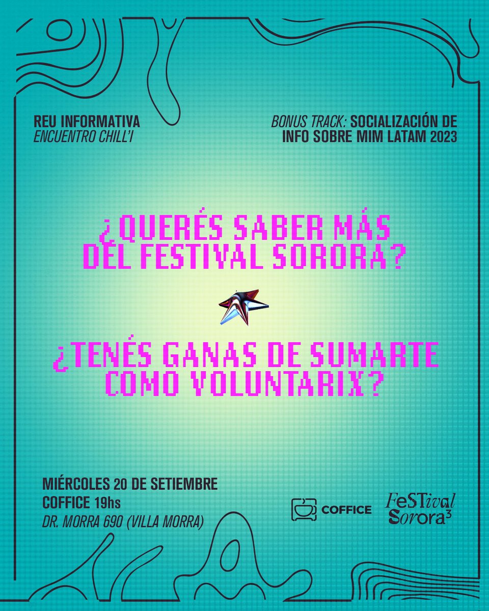 📣 ¿Quieren saber más sobre el Festival Sorora? 🙌🏻✨

☕ Les esperamos este Miércoles 20 de Septiembre en #Coffice de <a href="/CinelandiaC/">CinelandiaLatam</a> a las 19hs 🎶

🥁 También estaremos compartiendo toda la info que trajimos de Panamá del <a href="/MIMLATAM/">MIM LATAM</a> 🇵🇦📍

📣 Acceso Libre