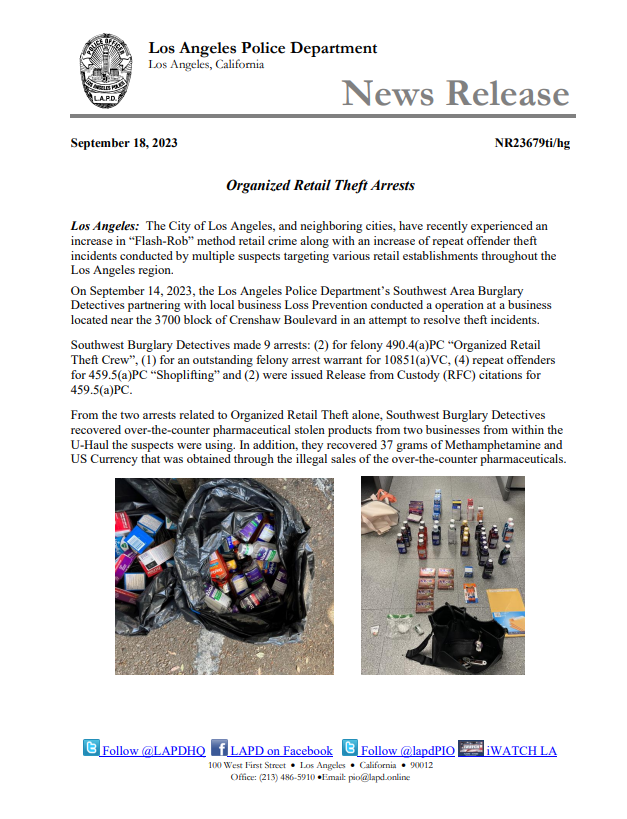 LAPDPIO's tweet photo. LAPD News: Organized Retail Theft Arrest https://t.co/12YCyT24Mm