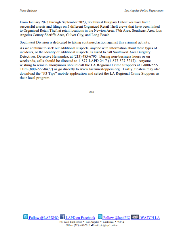 LAPDPIO's tweet photo. LAPD News: Organized Retail Theft Arrest https://t.co/12YCyT24Mm