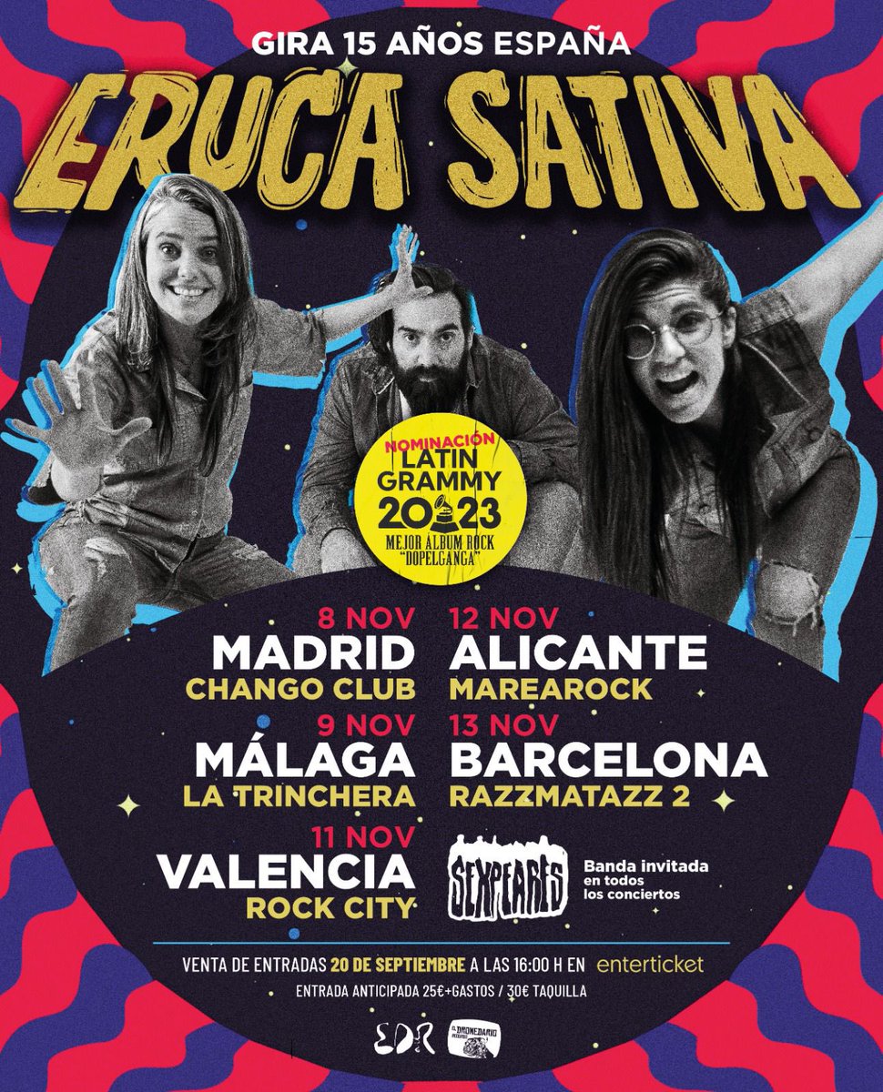 ErucaSativa's tweet photo. ESTAMOS NOMINADOS A LOS @LatinGRAMMYs !!!!! 

Nuestro disco Dopelganga no para de darnos alegrías! 

Nos vamos a la alfombra roja que este año es en SEVILLA pero antes GIRA ESPAÑOLAAAAA 🇪🇸🇪🇸🇪🇸🇪🇸

A la venta desde mañana por Enterticket https://t.co/HPSA6CjIVK