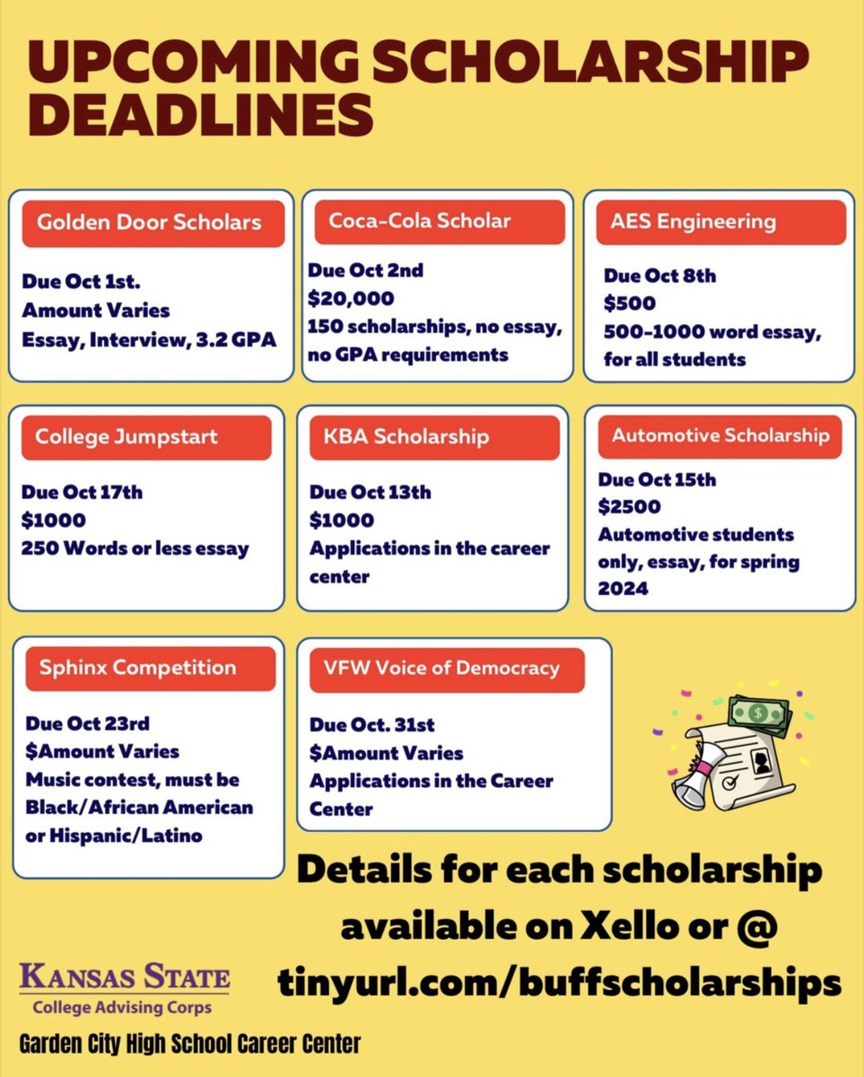 GCCareerCntr's tweet photo. 🚨Seniors🚨 UPCOMING SCHOLARSHIP DEADLINES -Details for each scholarship can be found on your #Xello account or visit https://t.co/wHkIhEzLwB https://t.co/q6uJThLpLT