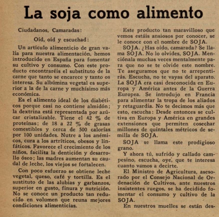 undesgraciat's tweet photo. «soja. ¿has oído camarada? se llama soja. no lo olvides, soja.»

revista ¡¡¡campo!!! - òrgan del comitè regional de relacions de camperols de la cnt-ait, 19 de juny de 1937 https://t.co/jhnwUOFzOT