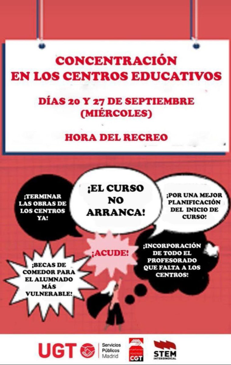 Concentración en los centros educativos en la hora del recreo el 20 y 27.
#NoAlSaqueoDeLaEducaciiónPública.
Por una mejor planificación del curso escolar, incorporación de todo el profesorado, término de las obras en los centros y becas comedor para el alumnado vulnerable.