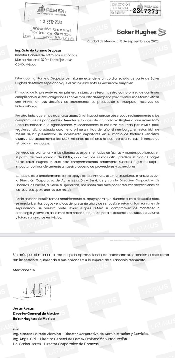 A Baker Hughes, la empresa relacionada con la Casa Gris, se le acabó la paciencia y le reclamó adeudos millonarios a Pemex. 

Luego, el agrónomo, desesperado, le escribió al secretario de Hacienda, porque la situación es crítica.

La nota, en <a href="/latinus_us/">Latinus</a>. latinus.us/2023/09/19/cri…