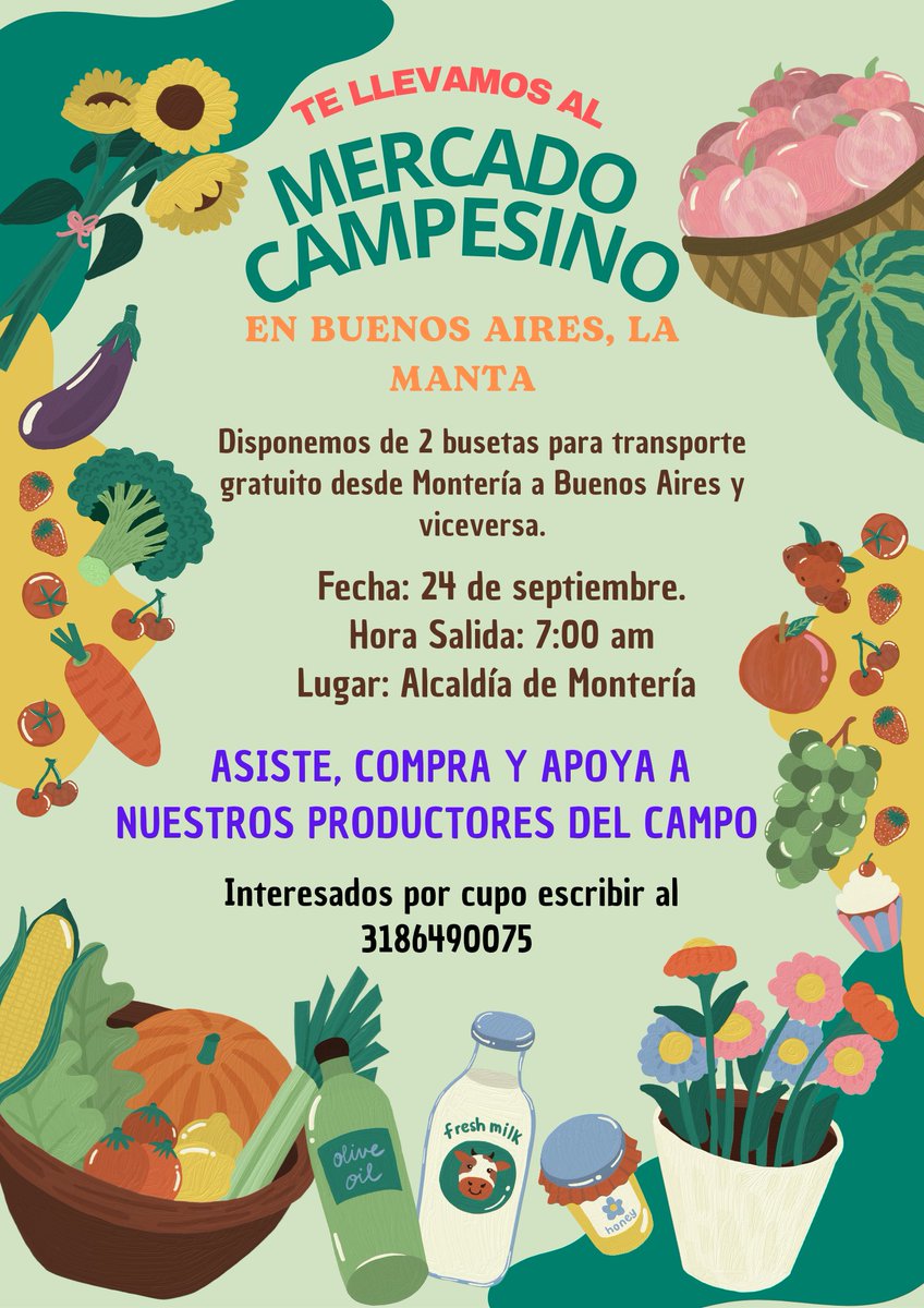 JavierAArroyoM's tweet image. Hola 👋 
Interesados por #Cupos para asistir de Montería a Buenos Aires y Viceversa al #MercadoCampesino el próximo 24 de septiembre, escribir al WhatsApp 3186490075. Recuerda que el transporte es gratuito.

@Agro_pecuario86
@soypequenojuan @Yonimurillo2 @GabrielCalleA