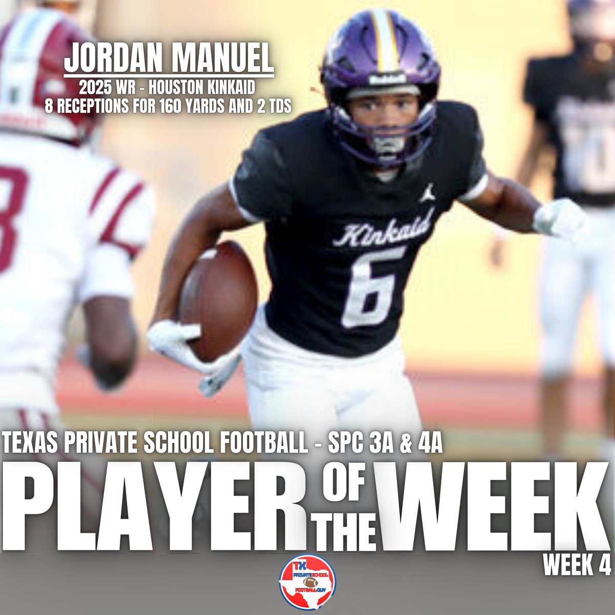 TXPrivateFBGuy's tweet photo. 🚨 TXPSFB Player of the Week 🚨 
🚨 Southwestern Prep Conference 🚨 
🚨 Week 4 🚨 

Jordan Manuel - @jordan_m_manuel 
2025 WR - Houston Kinkaid

@KinkaidAthletic 
@CoachLarned 
#RecruitTXPSFB https://t.co/nNtY3JxU4c