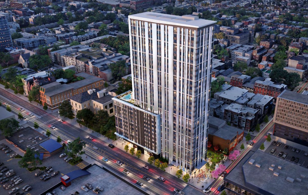 RisingRealEst's tweet photo. A 28-story tower with 289 residential units and 21,000 square feet of commercial space is being planned on the site of the former Rite Aid and a vacant lot on Temple University’s campus at Broad and Oxford https://t.co/za0qZlfpyc