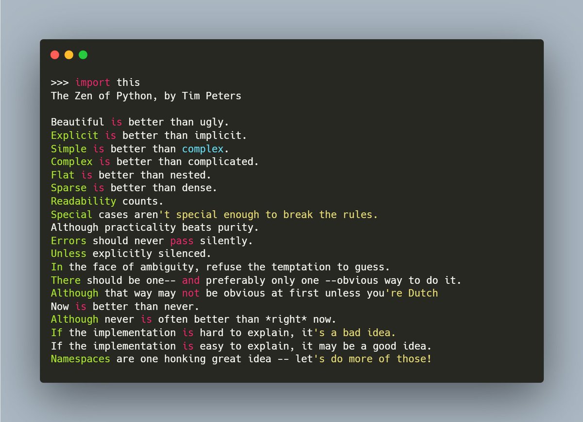 driscollis's tweet image. 💡 Remember, in Python, &quot;explicit is better than implicit.&quot; Code clarity &amp;gt; clever one-liners. #ZenOfPython #Pythonic

Run `import this` in your REPL to see the full Zen of Python
