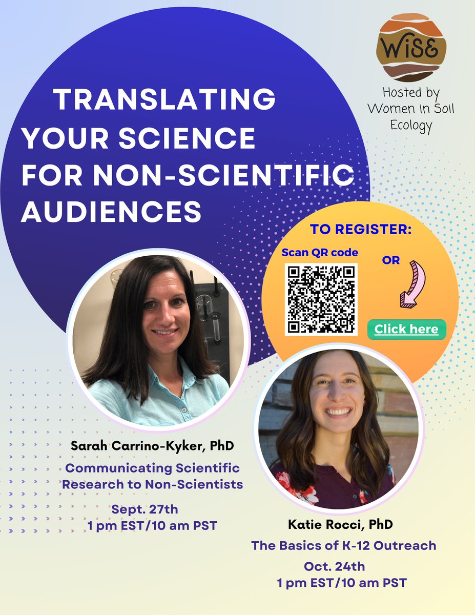 Women In Soil Ecology (@womeninsoileco) on Twitter photo We're excited to announce that we're hosting 2 science communication workshops this fall led by WiSE members <a href="/Sarah_Kyker/">Sarah Carrino-Kyker</a> & <a href="/ecology_katie/">Katie Rocci, PhD</a>! Sept 27th & Oct. 24th. Register using this link or scan the QR code in the flyer.
forms.gle/8k3vYjXbCz84Vm… We're excited to announce that we're hosting 2 science communication workshops this fall led by WiSE members <a href="/Sarah_Kyker/">Sarah Carrino-Kyker</a> & <a href="/ecology_katie/">Katie Rocci, PhD</a>! Sept 27th & Oct. 24th. Register using this link or scan the QR code in the flyer.
forms.gle/8k3vYjXbCz84Vm…