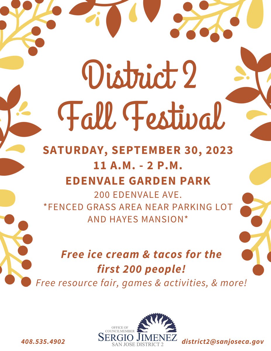 D2SergioJimenez's tweet photo. One of my goals has always been to bring liveliness, entertainment &activation to our part of South #SanJose. It's important that our residents have a fun reason to get outside &feel a sense of community in our own neighborhoods. Join us for #SJD2 Fall Festival next weekend! https://t.co/lwkbtWpKHg