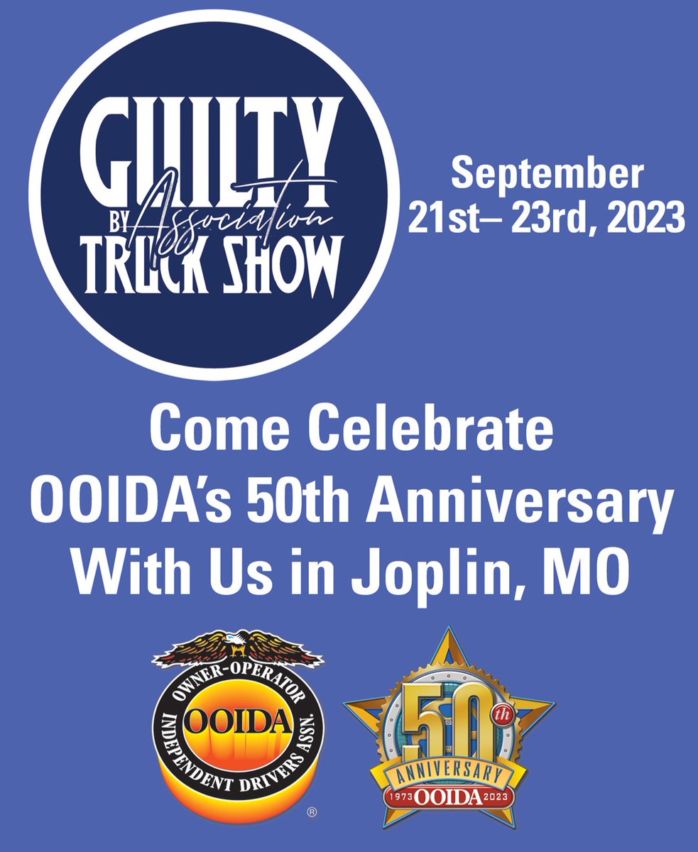 Rev up your engines, the Guilty by Association Truck Show is just around the corner! 🚚

Come meet the #OOIDA crew in Joplin, MO September 21st – 23rd as we celebrate our 50-year anniversary. There will be fun events, food trucks and live music. We can’t wait to see you there! 🎉
