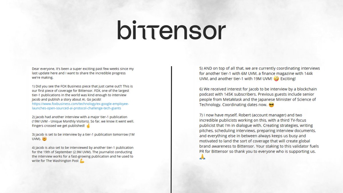 Fox Business one of the largest publications in the world.. did an interview piece with <a href="/const_reborn/">const</a> 

This is set to be the first of many major publications to feature Jacob and #bittensor

⬜️ Publication with 19m Unique Monthly Visitors
⬜️ Second with 1m UVM
⬜️ Third with 2.9m