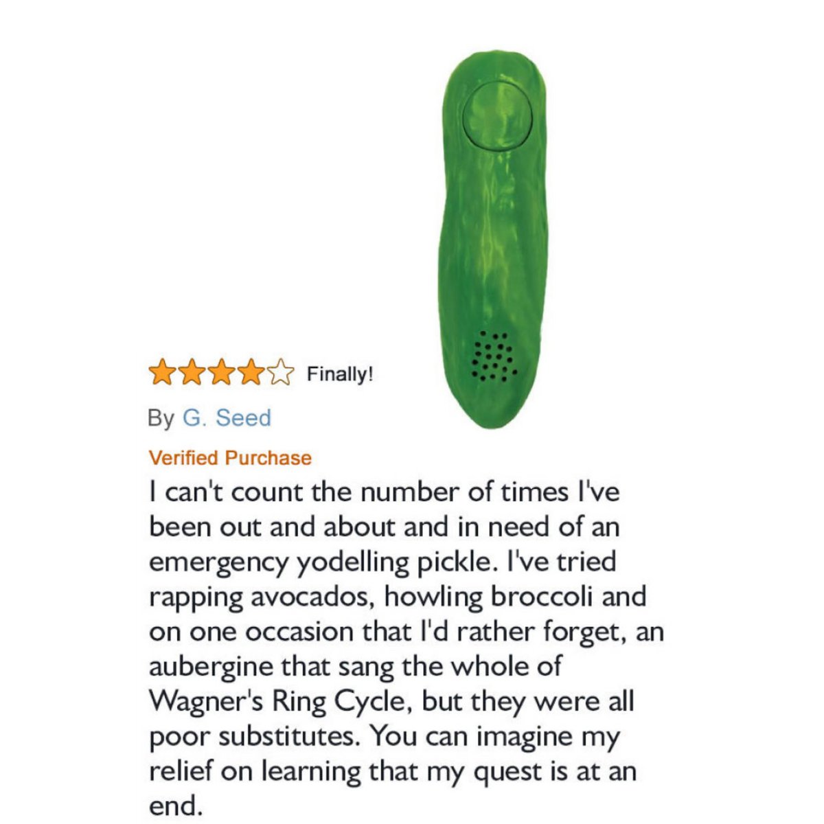 Join us for another hilarious edition of #FridayFunny 🤣 🎵🥒 Imagine how a video review would take the hilarity - and actual function of this yodeling pickle - to the next level? Calling all #brands, don’t be shy - ask your customers for a video review 🎥✨ #Amazonreviews