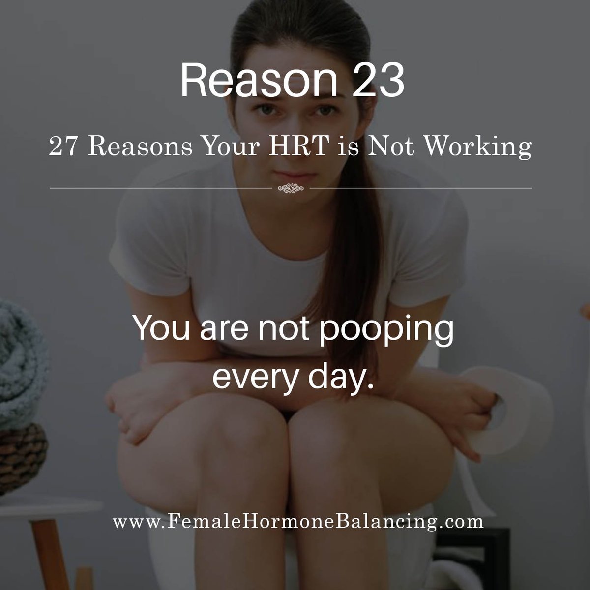 MenopauseMoxie's tweet photo. 23. You are not pooping every day.

There is a direct relationship between your hormones — especially estrogen — and your digestive health.

If you are constipated and/or do not have 1-3 daily bowel movements, you will have a difficult time getting your hormones balanced and keeping them balanced no matter which HRT system you take.

Your hormones have a natural and timely methylation process dictated by your circulating estrogen levels. If there is a disruption in this process balancing hormones is nearly impossible. When estrogen drops too low, women are more likely to become constipated for a few reasons. One of those reasons is women will naturally become dehydrated no matter how much water they drink because estrogen is responsible for body fluid balance and gut motility. Without enough water in the stool and digestion compromised, constipation is inevitable.

When women get constipated, they will be unable to poop which keeps them from experiencing phase III detoxification for estrogen elimination.

If you cannot poop the excess estrogen out of your system every day, your body will reabsorb it in your colon, in your tissues, and up into your gut contributing to a dysfunctional estrobolome, further shutting down the natural processing of estrogen. This creates estrogen dominance. Daily poops are required for the natural processing of estrogen and will keep you from becoming hormonally out of balance, estrogen dominant, and fat.

Are you having 1-3 quality bowel movements every day?

To learn all 27 reasons your HRT may not be working for you, go to my website and download a free copy of my book, 27 Reasons Your HRT May Not Be Working

If you are struggling to get your hormones balanced, DM me or book a free consultation from my website to get your questions answered.

#hormonecoach #HRTcoach #menopausecoach #menopausemoxie #menopause #hrt #perimenopause #healthcoach #howtobalancehormones #27reasons #balancehormones #femalehormonebalancing #poop #menopausesolutions