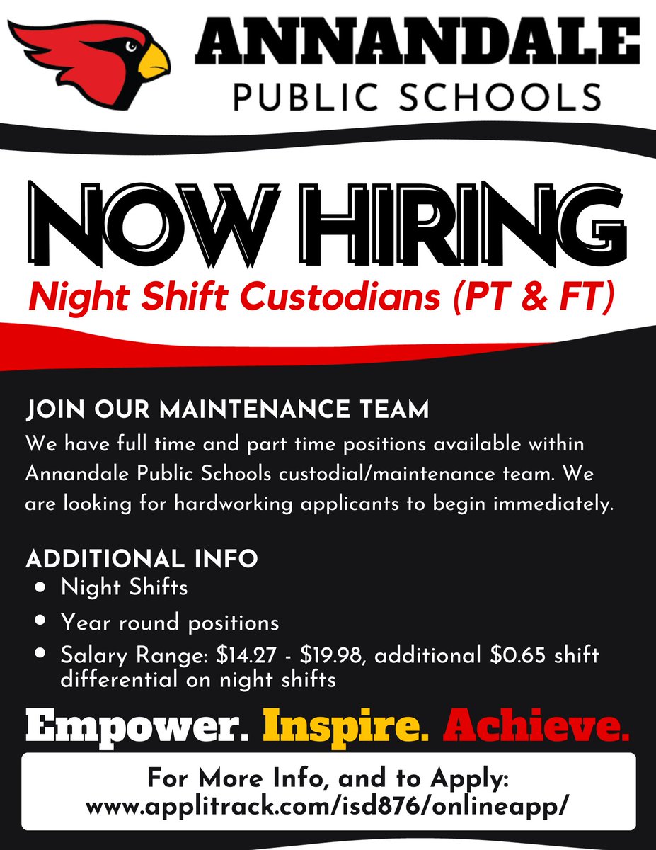 We are looking for dedicated workers to join our maintenance team! We have both full-time and part-time night shift custodian openings within our district.
For more information or to apply, visit: applitrack.com/isd876/onlinea…
#isd876 #employment #maintenance #parttime #fulltime
