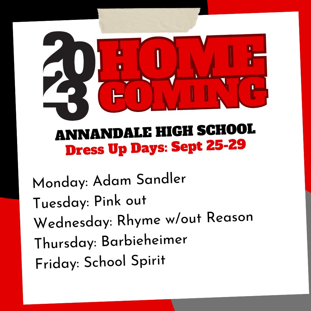Annandale High School Homecoming Dress up Days
(Please note: Each building has different themes)
#AHS #isd876 #Homecoming2023