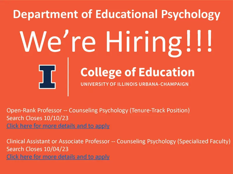 Come be my colleague! We're hiring TWO professors in the UIUC Counseling Psychology division. Open-Rank Tenure-track Professor (closes 10/10/23): illinois.csod.com/ux/ats/careers… Clinical Assistant or Associate Professor (specialized/non-tenured; closes 10/4/23): illinois.csod.com/ux/ats/careers…