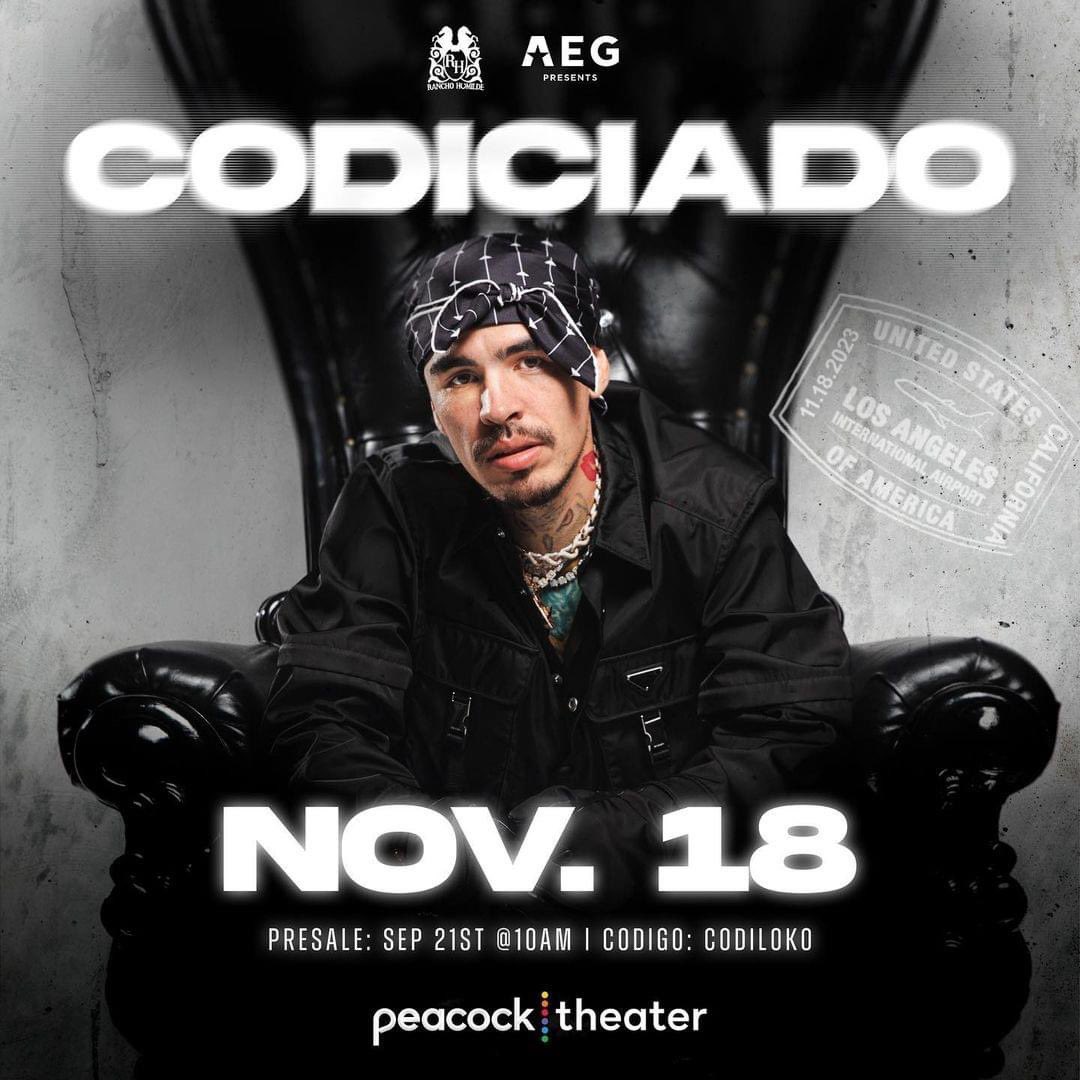 ComunicaTj's tweet photo. Después de 6 años, Codiciado regresa a los escenarios de EE.UU. 🔥

El próximo 18 de noviembre, será una fecha especial pues Codiciado dará un concierto realmente increíble e inolvidable en el Peacock Theater de Los Ángeles. 

🎟️👉 https://t.co/MwY118hizF 

#Tjcomunica https://t.co/OYaN2ZLqt3