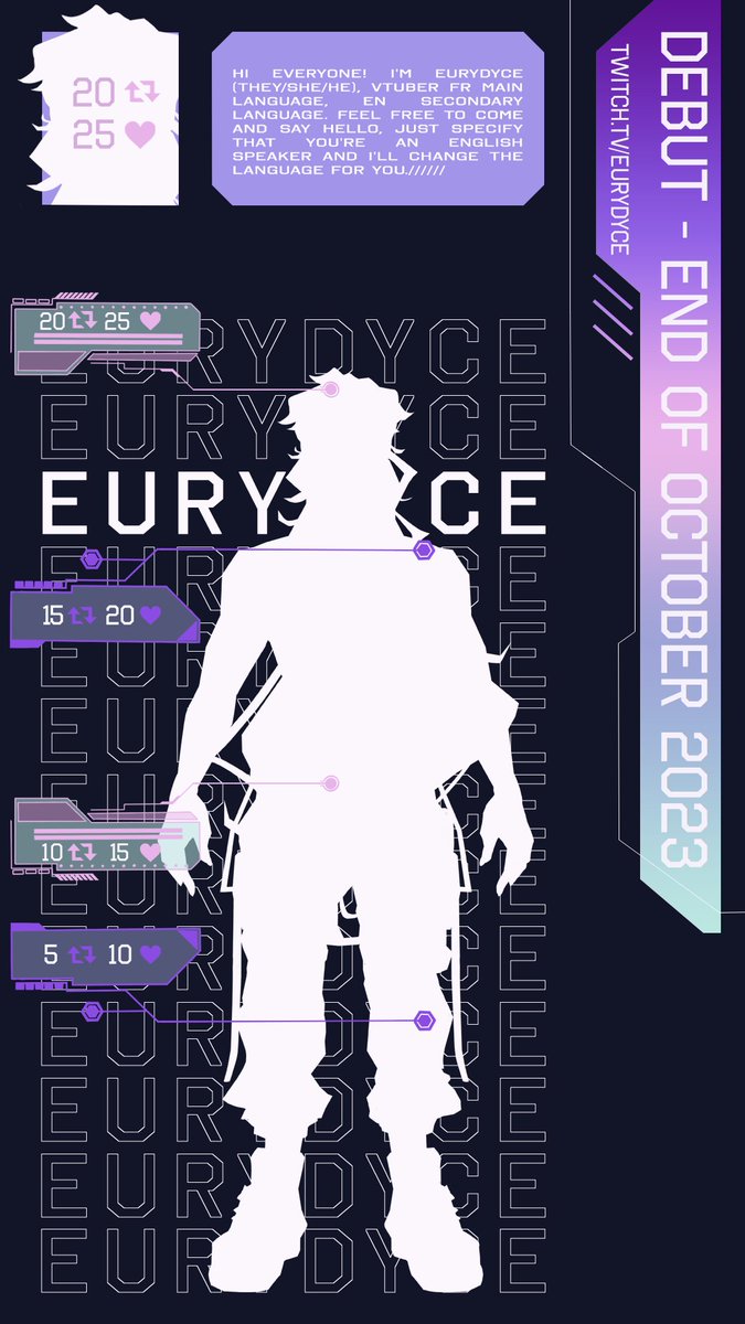 Here we are. 

Hi, I'm Eurydyce ! Your humanoid creature with their soft voice, coming for chilling.

Please, help reveal me !

Debut on end of October 2023 🥳

Model design and rig is by <a href="/audsandcrafts/">Audrey</a> 

#Vtubers #VtuberFR #ENVtubers #VtubersUprising #ModelReveal #VtuberDebut