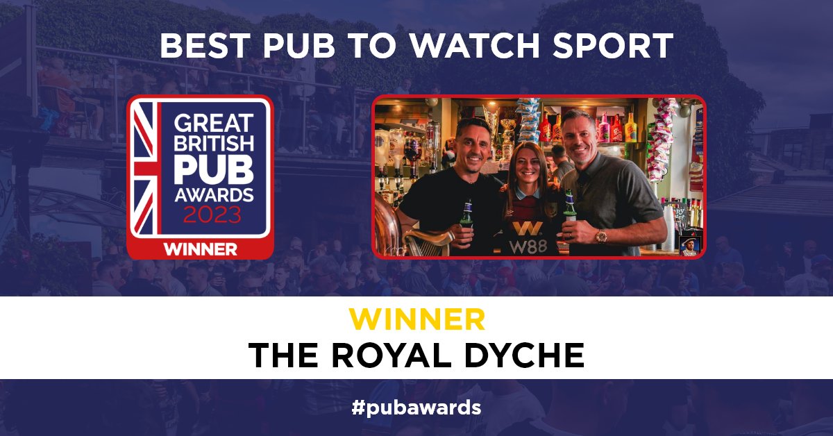 The Best Pub to Watch Sport at this year is… <a href="/theroyaldyche/">The Royal Dyche</a>! I'm sure it's the happy place of many Burnley fans - alongside some familiar United and Liverpool ones too! ⚽️ #PubAwards <a href="/GNev2/">Gary Neville</a> <a href="/Carra23/">Jamie Carragher</a>