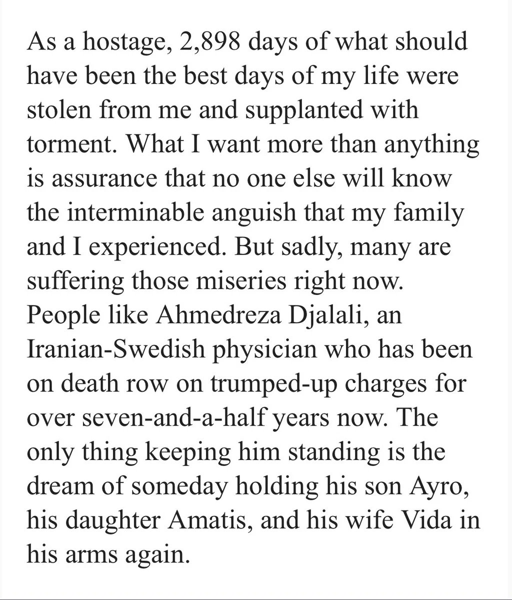 Vida Mehrannia (@vmehrannia) on Twitter photo We are so happy for Morad, Emad and Siamak Namazi who brings up the cases of those left behind including Ahmadreza Djalali, on the very day of his release. Thank you so much for this statement.
<a href="/FreeTheNamazis/">Free the Namazis</a>
#FreeDjalali
<a href="/TobiasBillstrom/">Tobias Billstrƶm</a> <a href="/SwedishPM/">Ulf Kristersson</a> We are so happy for Morad, Emad and Siamak Namazi who brings up the cases of those left behind including Ahmadreza Djalali, on the very day of his release. Thank you so much for this statement.
<a href="/FreeTheNamazis/">Free the Namazis</a>
#FreeDjalali
<a href="/TobiasBillstrom/">Tobias Billstrƶm</a> <a href="/SwedishPM/">Ulf Kristersson</a>