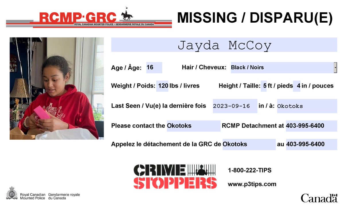 Missing: Jayda McCoy, 16, #Okotoks.