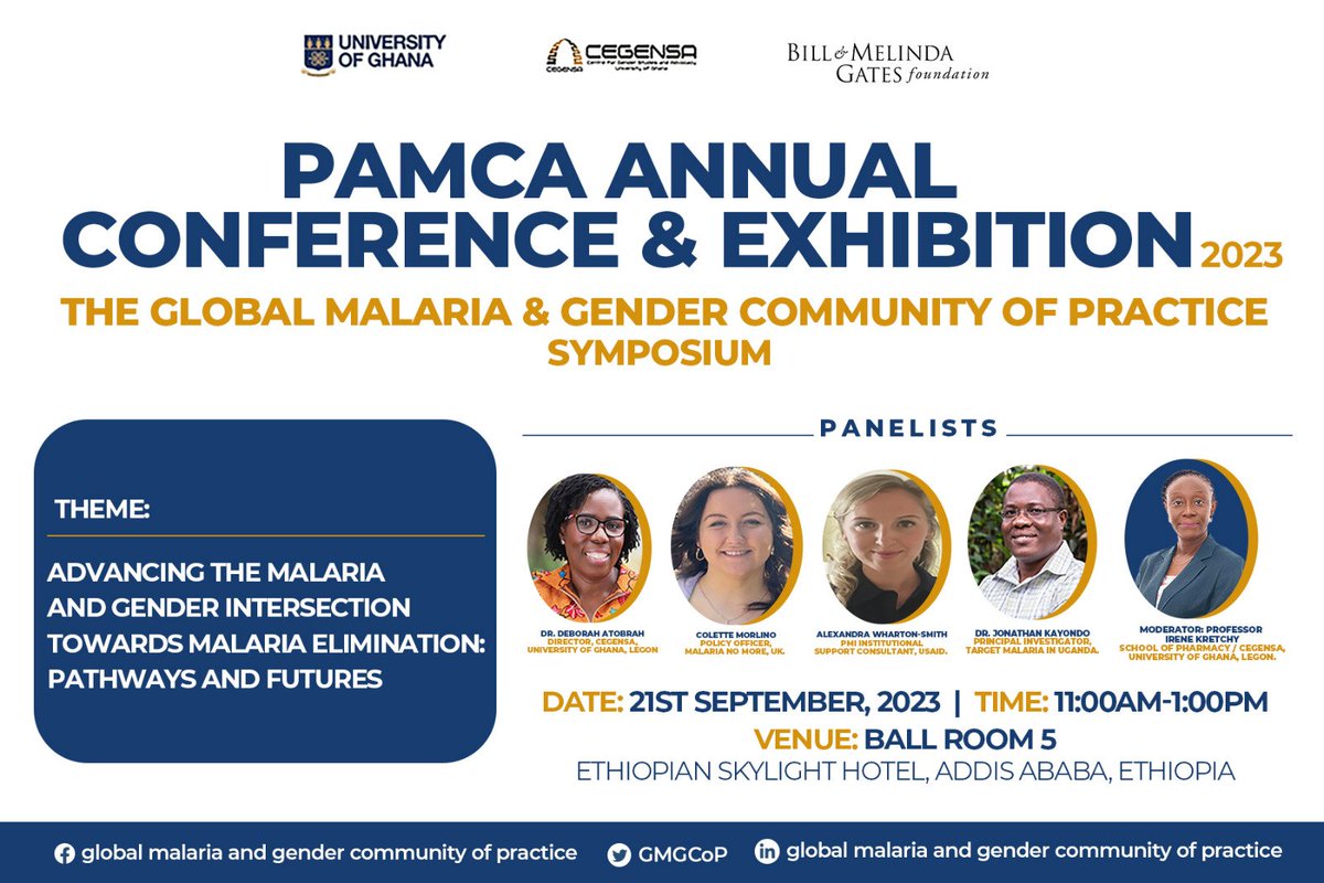 Are you at PAMCA 2023?
Do join us at the Global Malaria and Gender Community of Practice Symposium on Thursday, 21st September, 2023. 
Time: 11:00am-1:00pm
Venue: Ballroom 5

Thanks to the Gates Foundation for making this possible.

#genderintersection
#malariaelimination