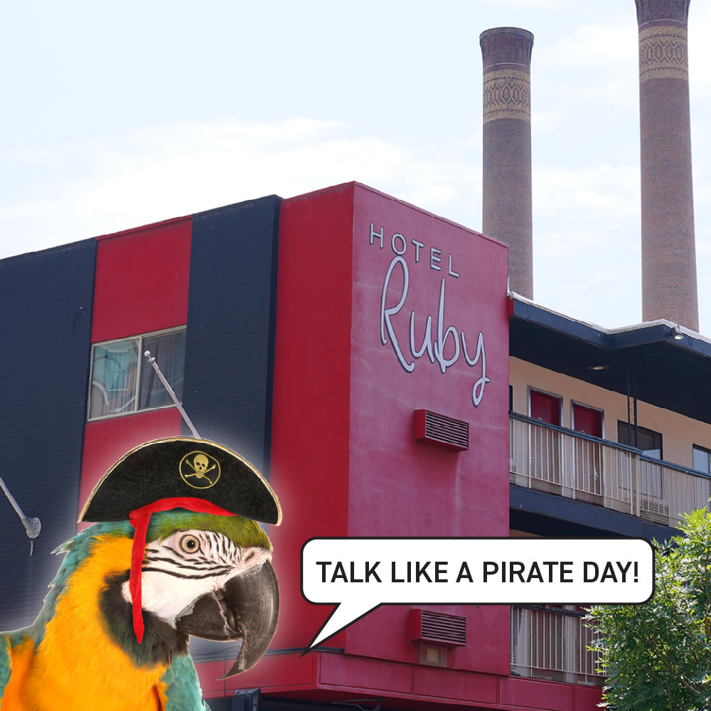 Book yer stay with us and save some booty. Yarrr! Today is International 'Talk Like A Pirate Day'!

#talklikeapirateday #spokanehotel #stayspokane #hotelruby #rubyspokane #dogfriendlyhotel