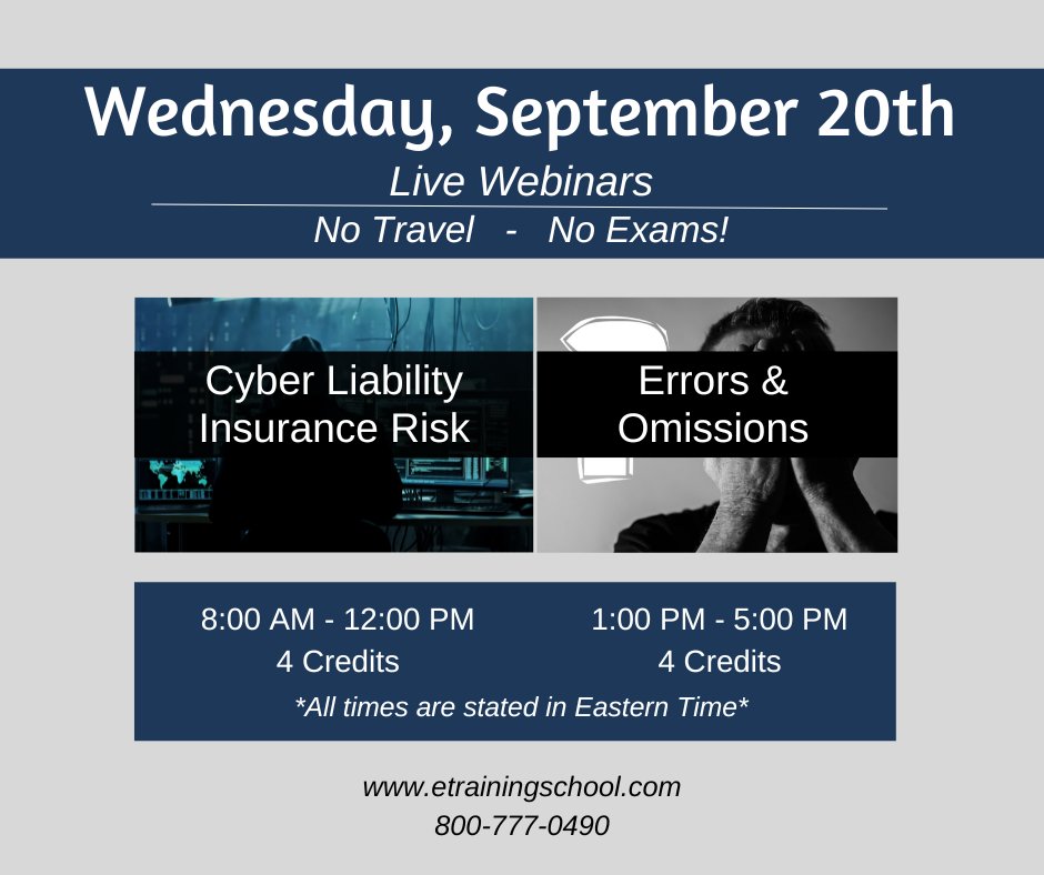EITINS's tweet image. Join us on Wednesday for #CyberLiabilityInsurance, #ErrorsAndOmissions. Earn #InsuranceCE credits with our live #webinars - #NoTravel &amp;amp; NoExams!   

Register now: bit.ly/3LvKwS5 

#EasyCE