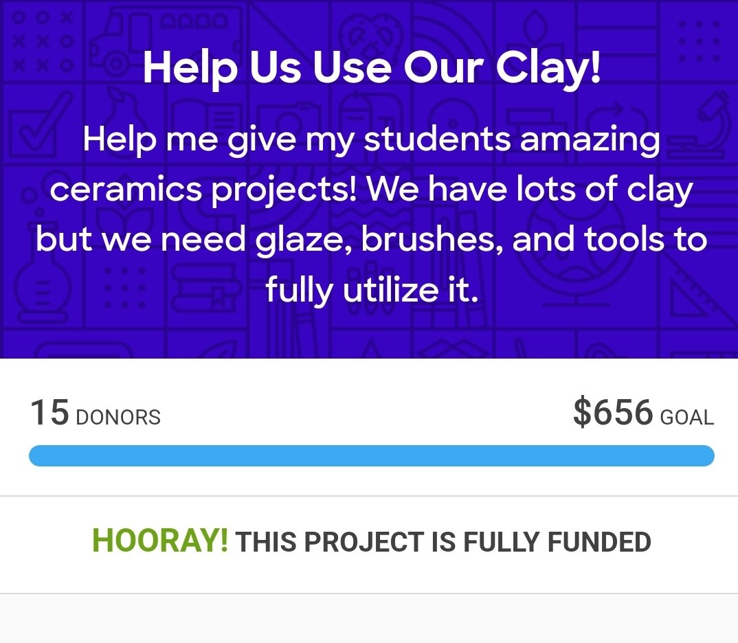 Woohoo! The Apex HS visual art department had TWO <a href="/DonorsChoose/">DonorsChoose</a> grants funded yesterday. Thank you to everyone who donated 💛💚🖤
<a href="/ArtofApex/">Apex High Visual Art</a> 
<a href="/ApexHighSchool/">Apex High School</a>