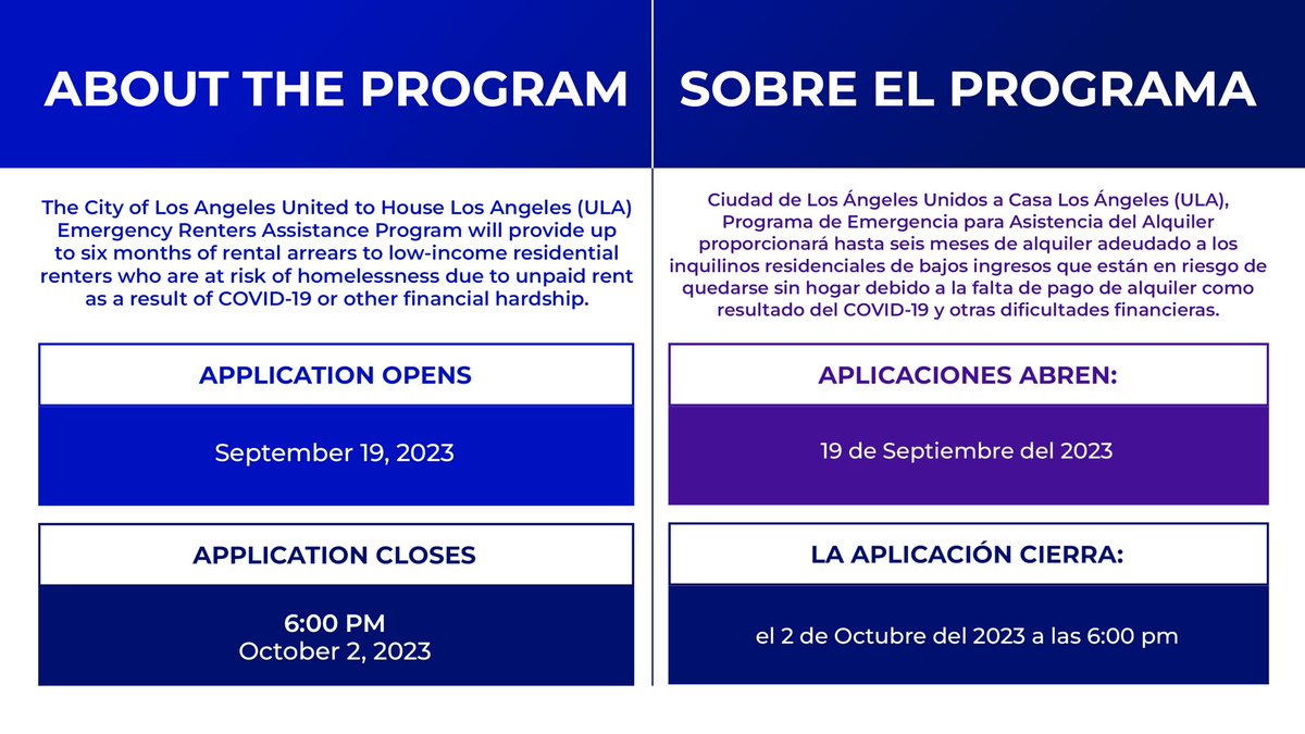 MayorOfLA's tweet photo. Applications for the Short Term Emergency Renters Assistance Program are now open.

The program will provide up to 6 months of rent past due.

Applications will close by October 2nd at 6pm.

Apply at: https://t.co/M2yHfk4RgH.

Applications for small landlords open on October 23. https://t.co/TB0hwEvvco