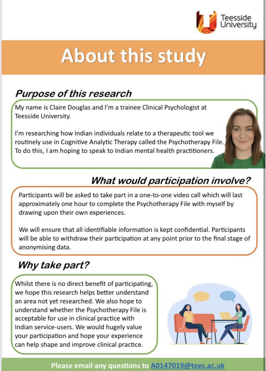 ClairePsychol's tweet photo. ARE YOU A MENTAL HEALTH NURSE OR AHP?

I’m looking to speak to British Indian Mental Health Professionals about how they relate to others. Click this link if you are interested in my research: https://t.co/Olwp6sORpX 

Please retweet! https://t.co/9yLxv5wTIo