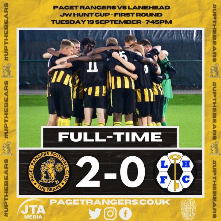 PagetRangers's tweet photo. FULL TIME: Paget 2 Lanehead 0. 

A good win for the Bears against a competitive Lanehead side. We advance to the next round of the @JWHuntCup. 

#UpTheBears https://t.co/FdCuAEwD5x
