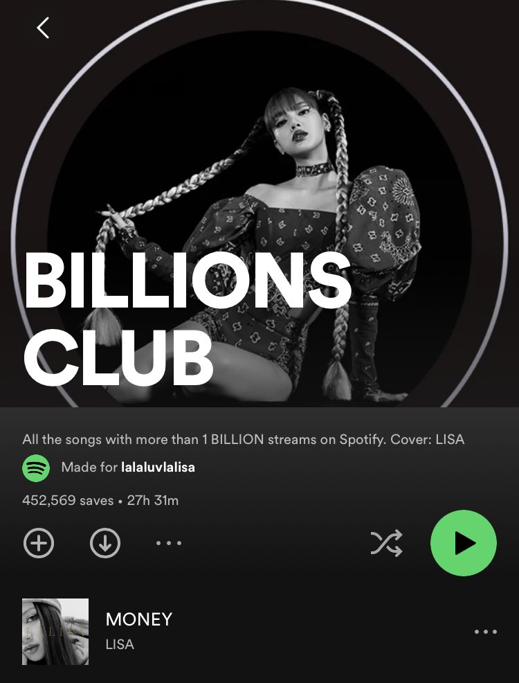 #LISA is now the cover of <a href="/Spotify/">Spotify</a>’s #BillionsClub playlist! 

LALISA 1ST KPOP SOLOIST
LISA 1ST KPOP FEMALE ACT
#MoneySpotifyBillionClub